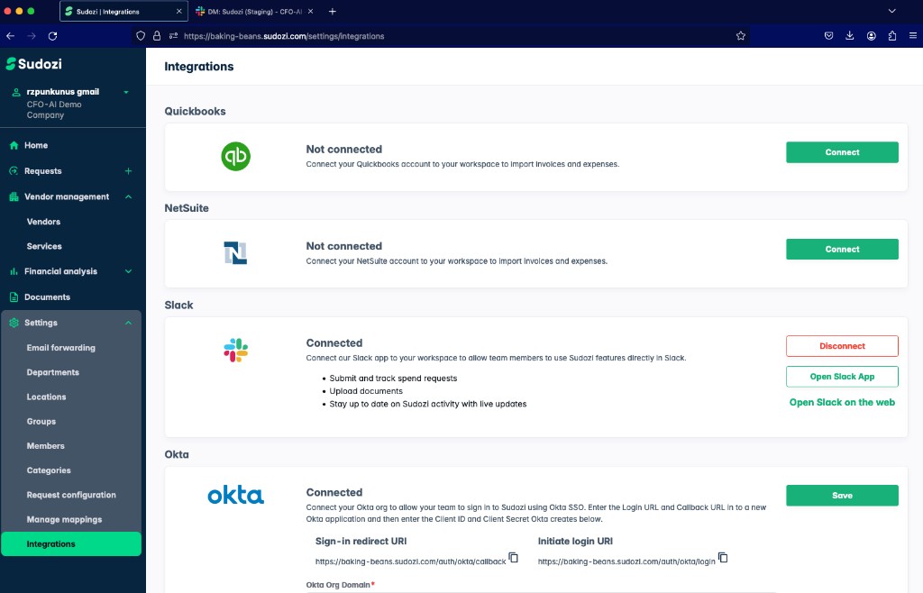 Sudozi Settings showing Slack as Connected