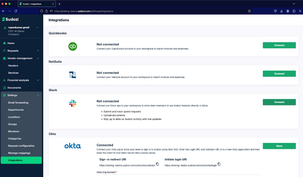 Sudozi Settings Integrations page with Slack Connect button